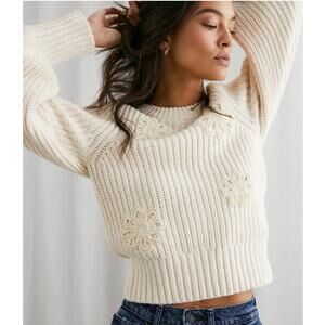 Rails Romy Cream Floral Daisy Applique Chunky Knit Cotton Puff Sleeve Sweater, M
